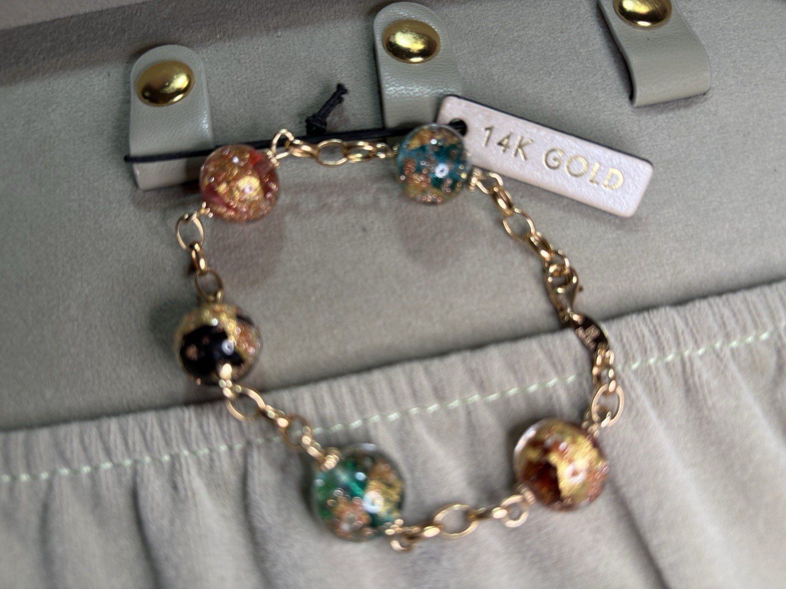 14k Yellow Gold Venetian Murano Glass Bead Link Bracelet 14.93G Sz6.5 Lot #43