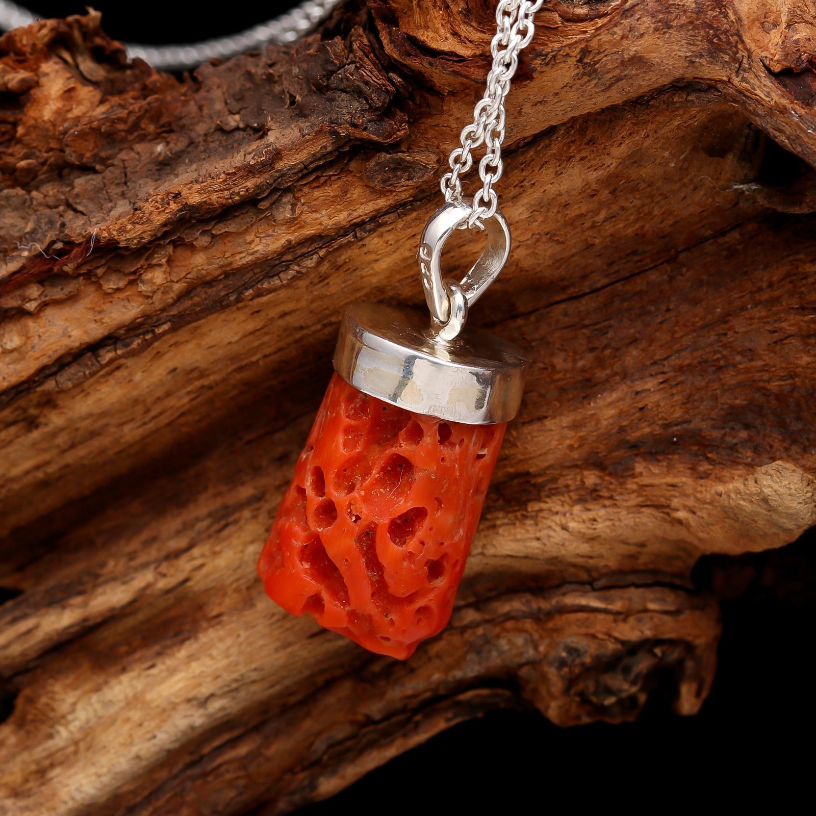 Natural Italian Red Coral Raw Chain Pendant 925 Sterling Silver Designer Jewelry