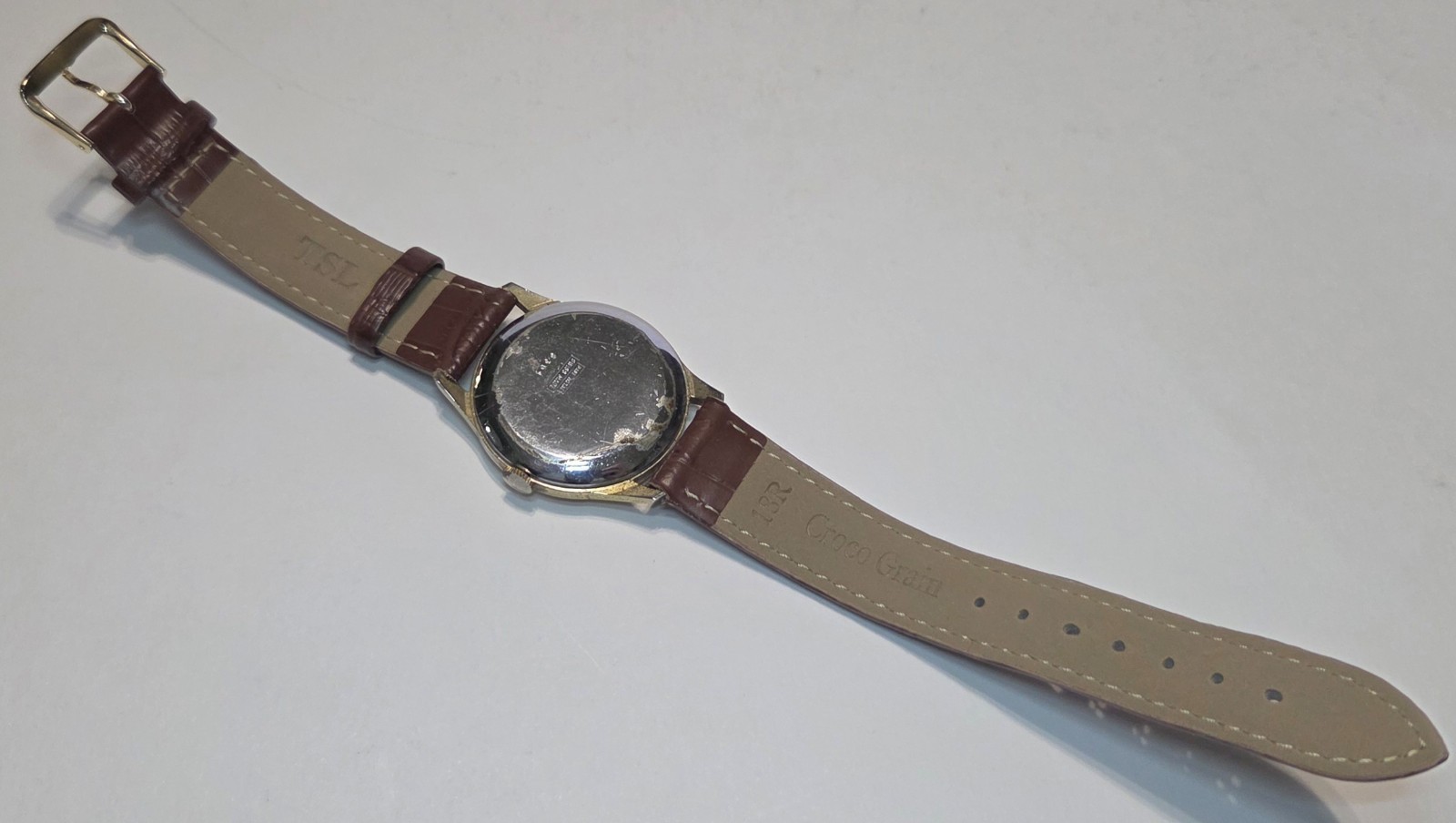 Vintage mid-century retro ROSS Swiss made 17J gents watch gold tone brown strap
