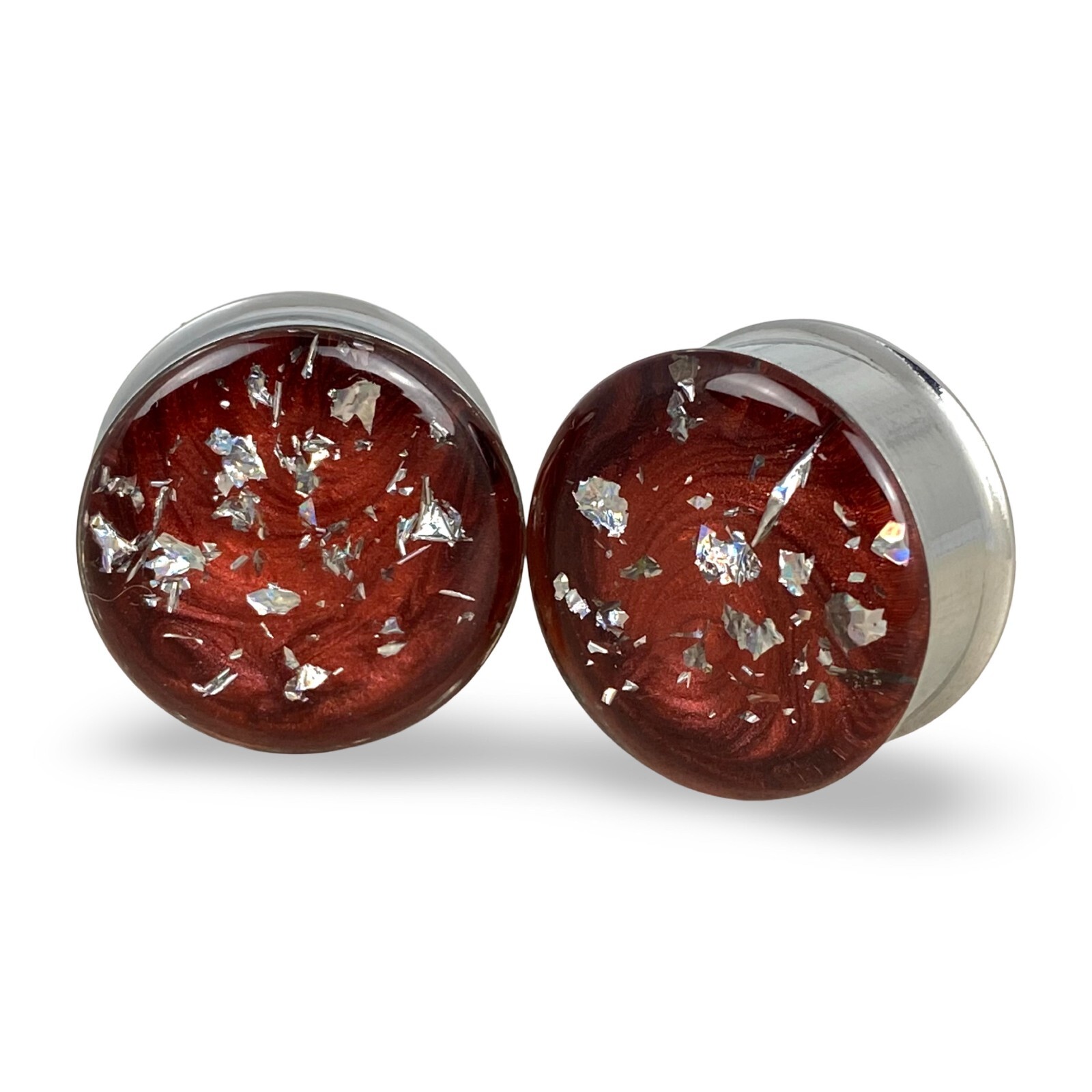 Stainless Steel Plugs with Embedded Red Pearlescent Resin Silver Flakes gauges