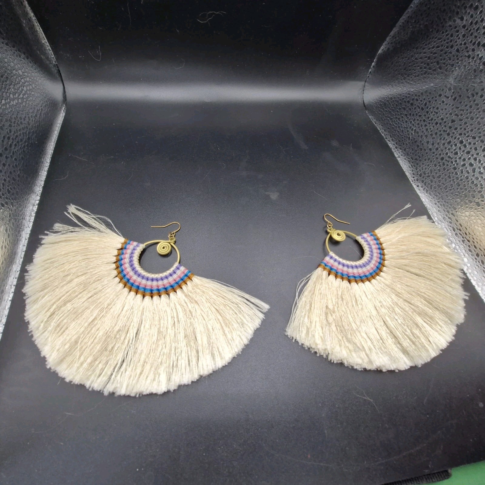 SW Style Large Runway Tassel Macrame Earrings Brass Blue, Orange, Tan 3.5 X 4.5″