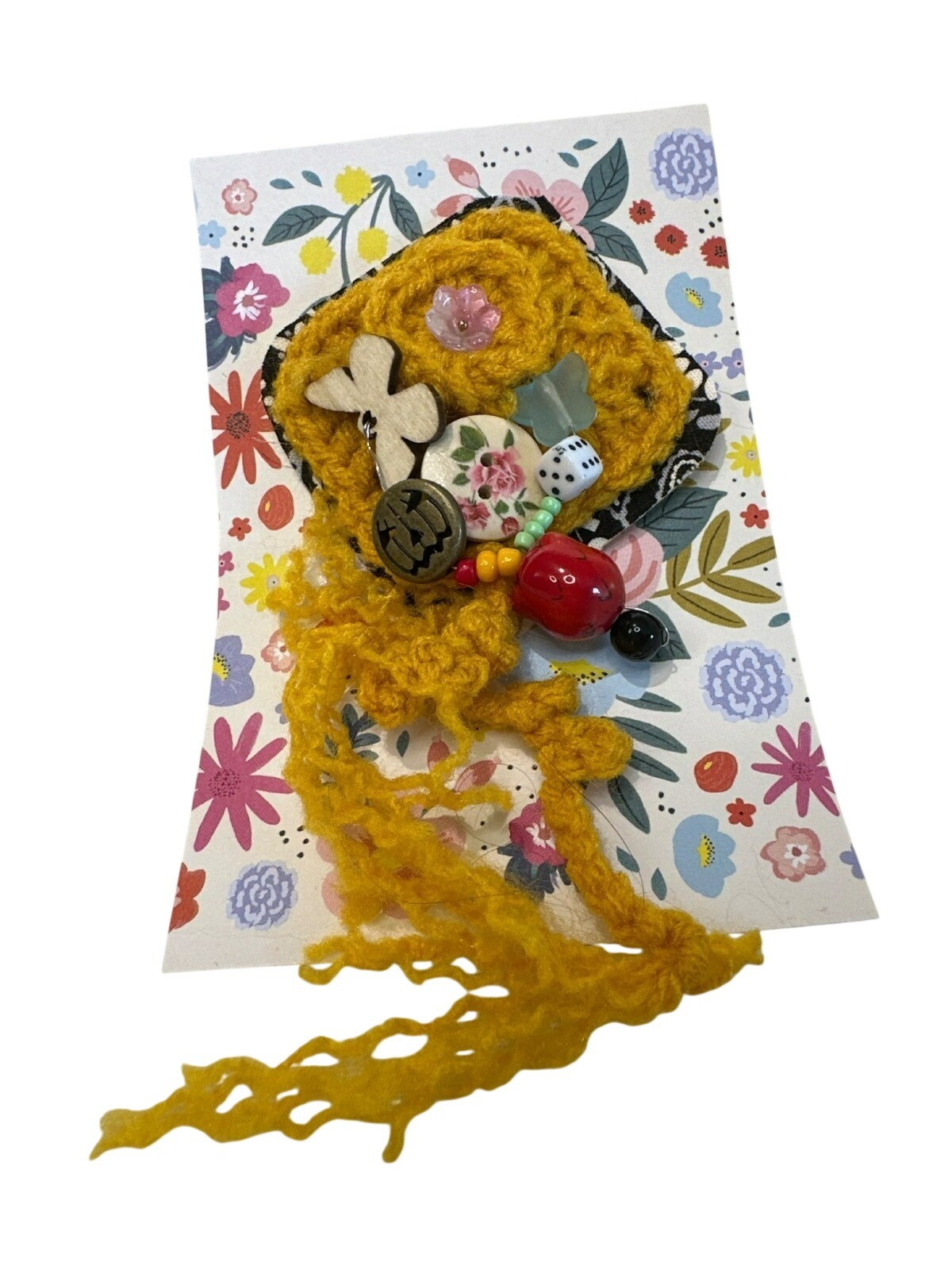 Handmade Brooch OOAK Yellow Crochet Embellished Charm Pin Shabby Chic 5″ Jumbo