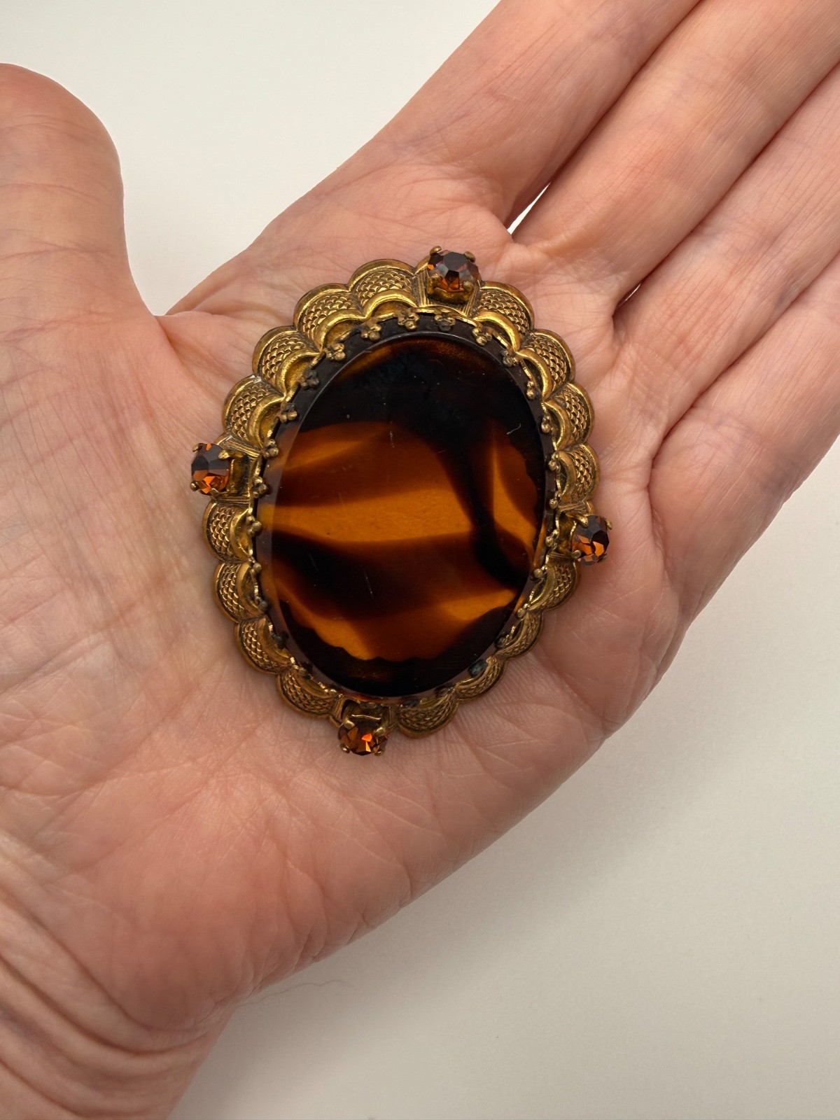Vintage West Germany Brooch Faux Tortoiseshell Swirls Rhinestones Lucite Signed