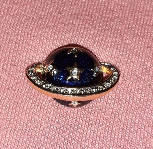 CUTE Blue Planet With Rhinestone Ring and Stars Lapel Pin Space Cosmos