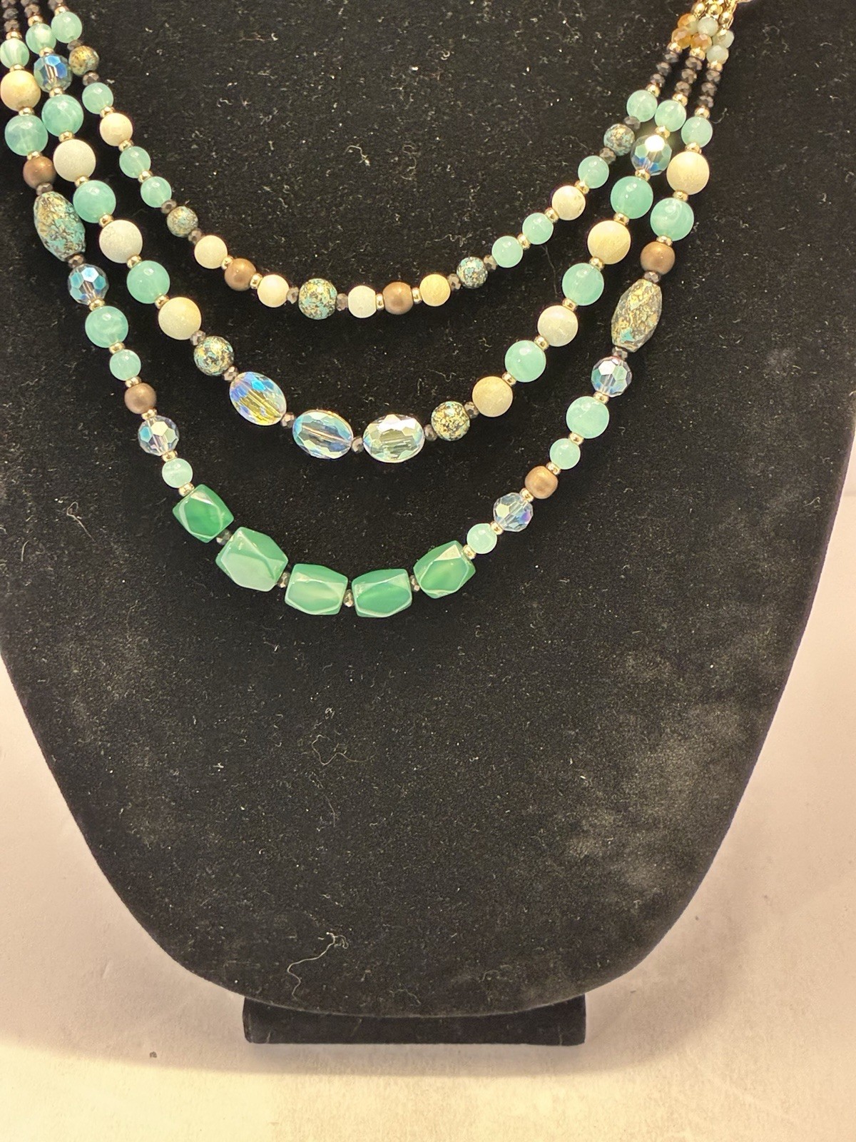Boho Multi Strand Gemstone Statement Necklace Green Agate African Turquoise Sued