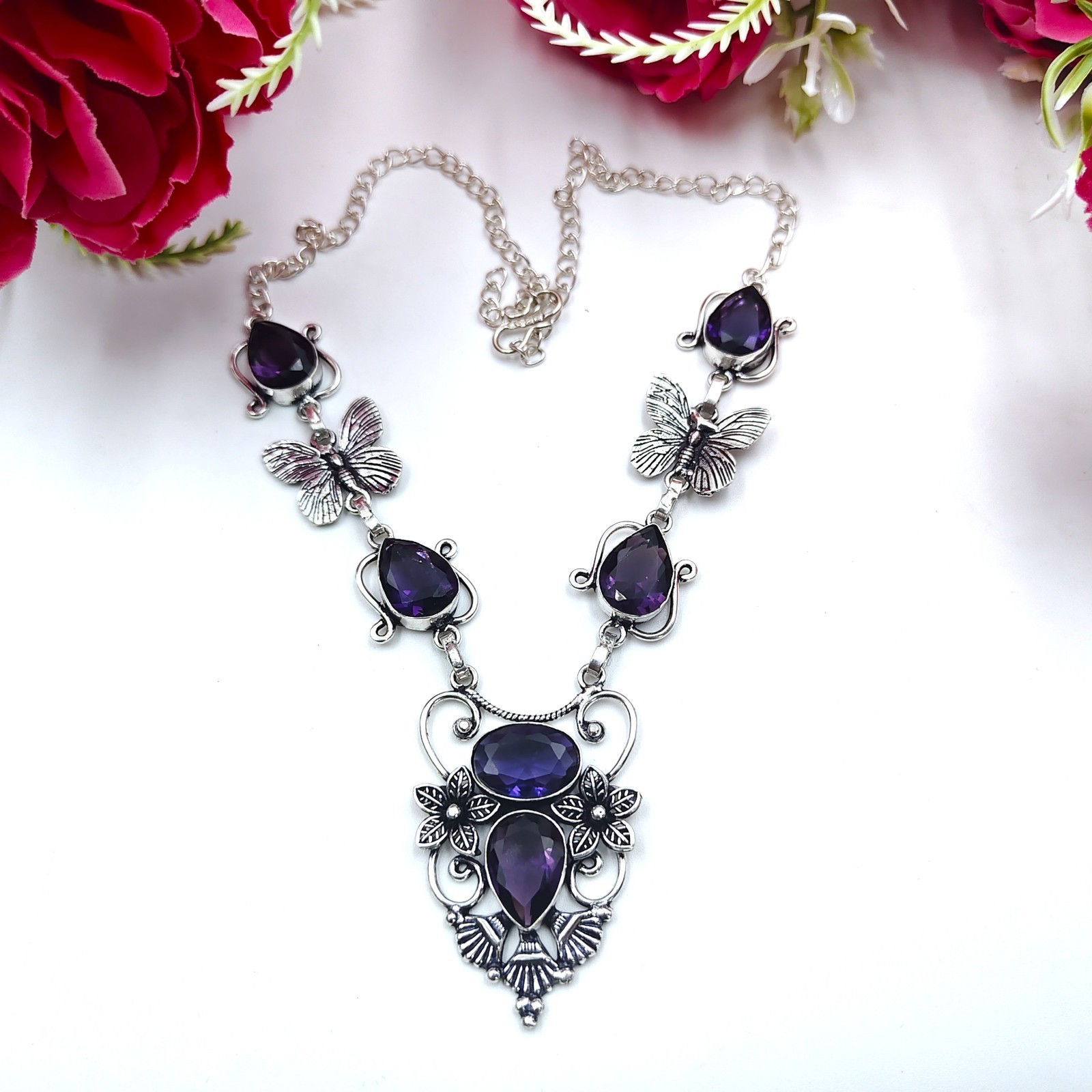 Purple Amethyst Gemstone Handmade 925 Sterling Silver Jewelry Necklace Sz-17-18″