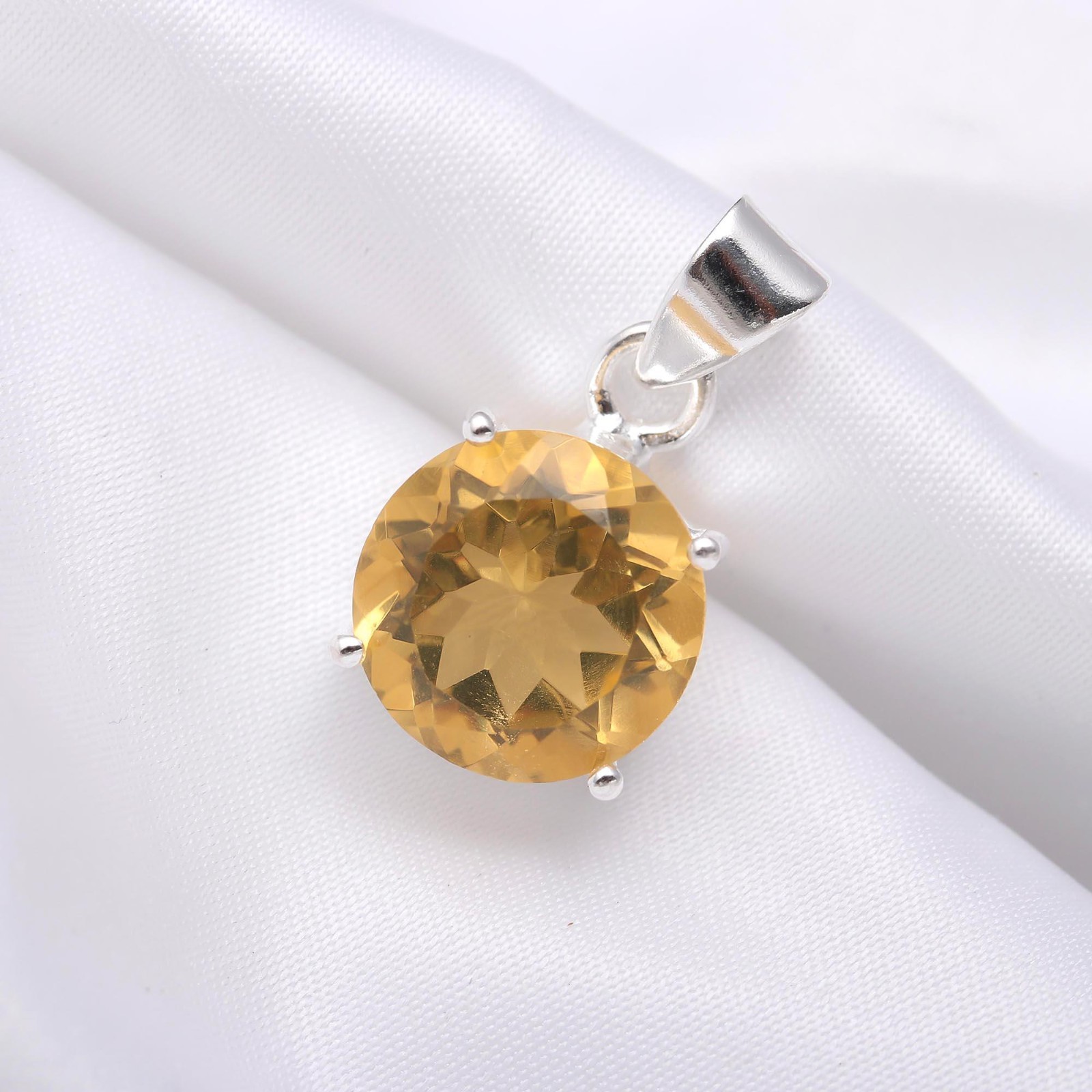 Natural Citrine Quartz Round Pendant 925Sterling Silver Handmade Jewelry For Her