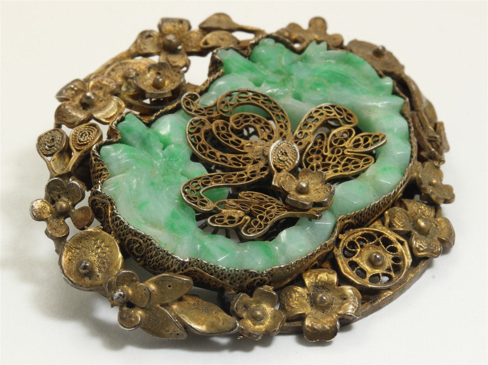 Vintage Chinese Export Sterling Silver Carved Jade Dragon Filigree Brooch Pin