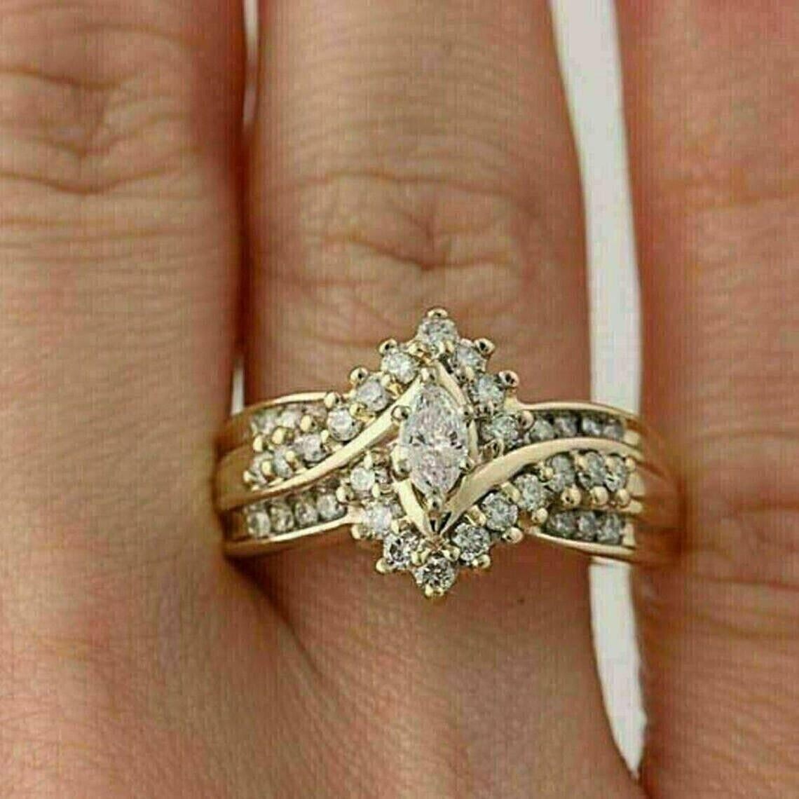 2Ct Marquise Cut Simulated Diamond Engagement Ring 14K Yellow Gold Plated Silver