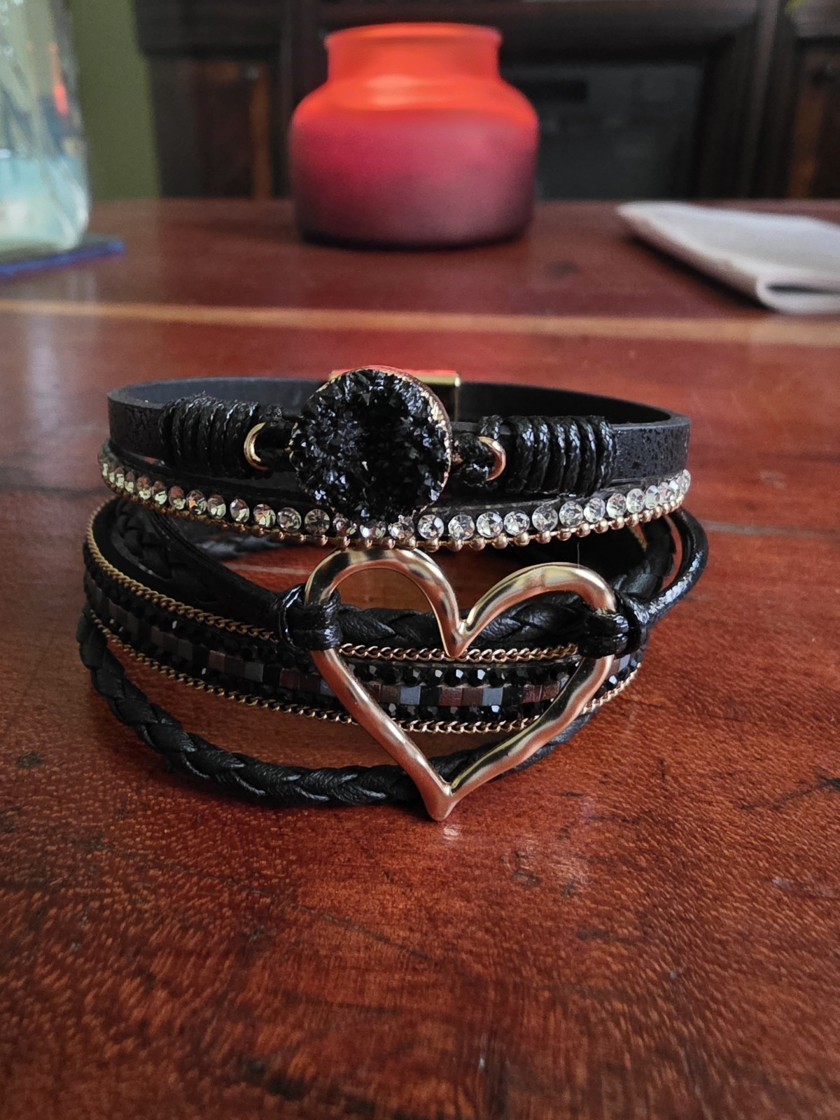 NEW Multi Band Black Leather Bracelet Featuring, Metal Heart Charm & Crystal