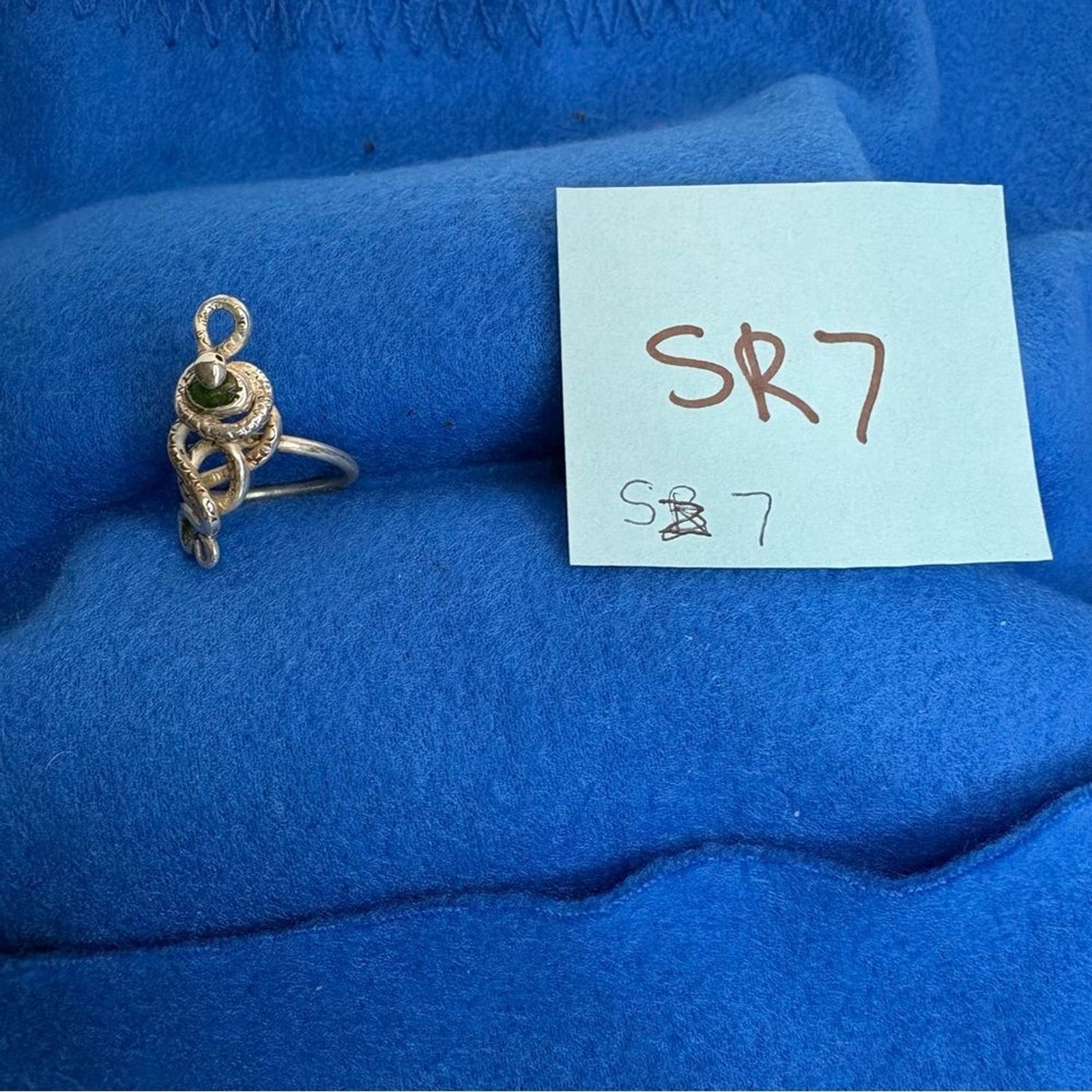 Hand Crafted One of a Kind Pure Silver Snake Ring Size 7 With Emerald