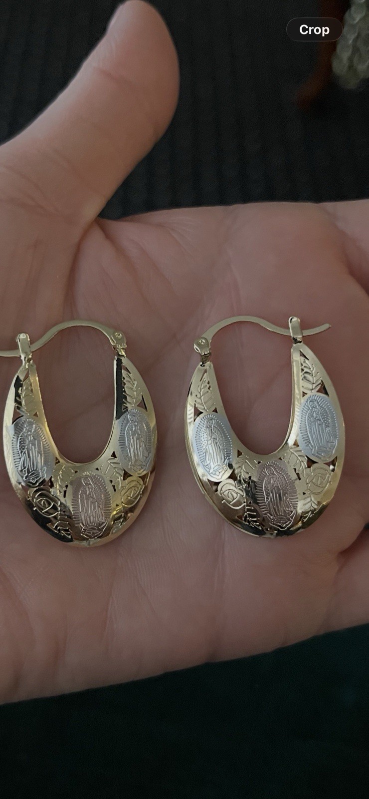 Two-Tone Gold Silver Etched Religious Teardrop Hoop Earrings Latch Back