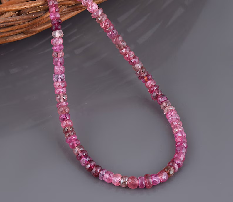 Natural Pink Tourmaline Beaded Necklace 18″ 925 Sterling Silver Handmade Gift