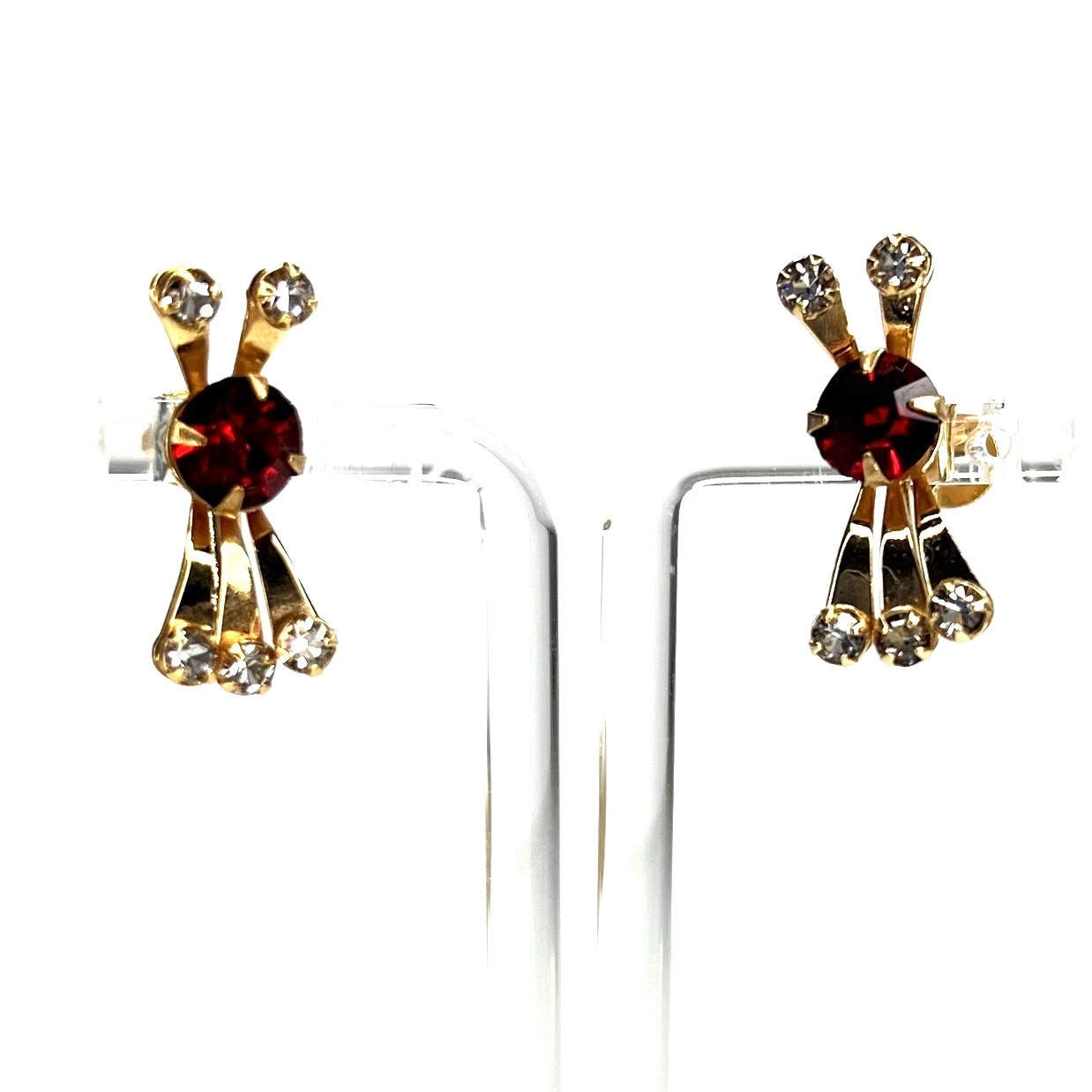 Vintage Bugbee and Niles BN Screw Back Earrings Gold White Red Rhinestone