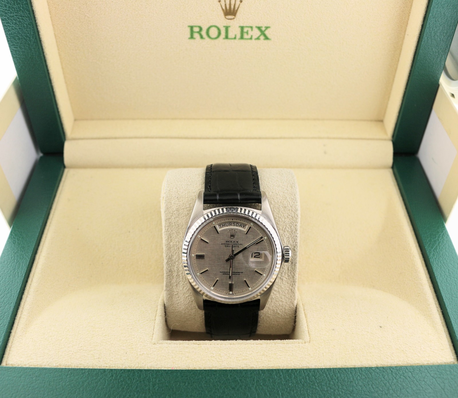 1974 Rolex Day-Date 1803 Linen Dial 18kt White Gold Leather strap No Papers 36mm