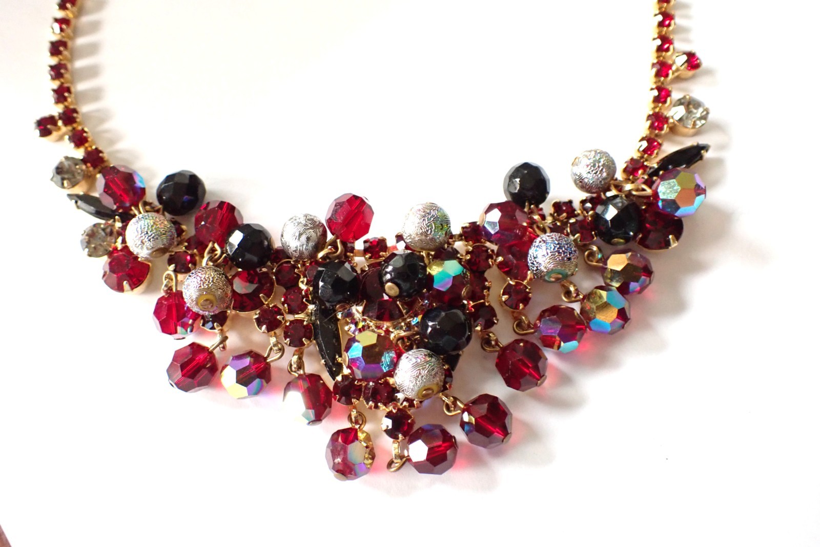 Verified Juliana Vintage Red & Black Cha Cha Necklace Metalized Beads Rhinestone