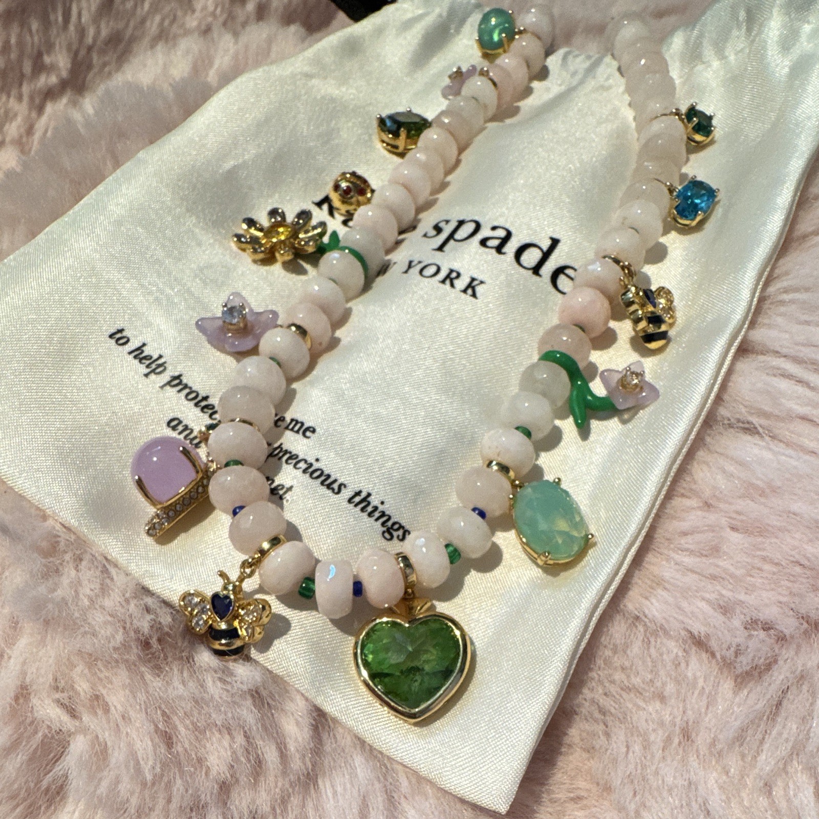 kate spade new york Pink Beaded Charm Necklace Green Heart Glass Pendant
