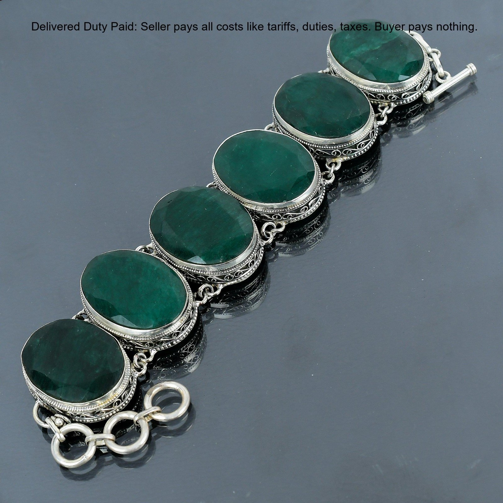 925 Sterling Silver Oval Natural Zambian Emrald New Vintage Wife Chain Bracelet