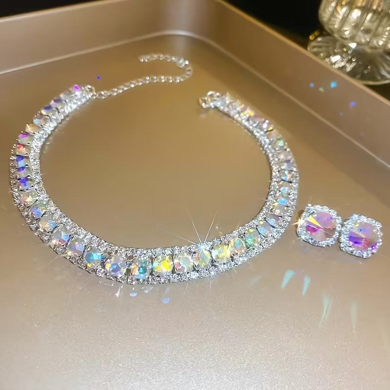 Multicolour Crystal Statement Jewellery Set Necklace Earrings Prom Party Gift
