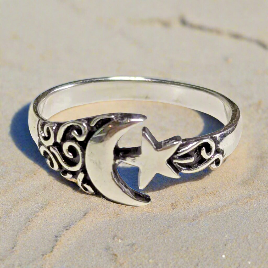 Sterling Silver 925 Sailor Crescent Moon & Star Ring Size 5.75, 7, 8, 8.5, 9.5