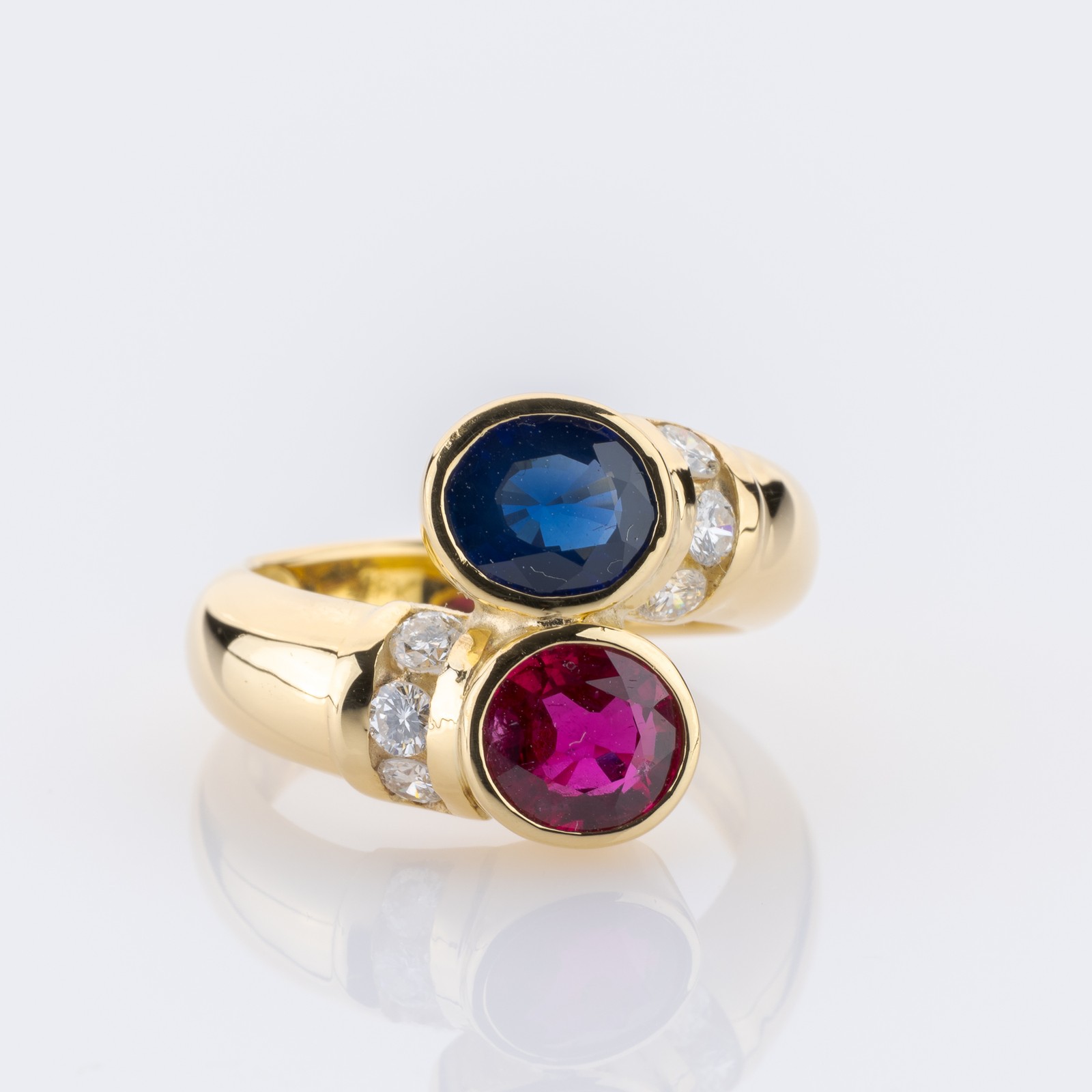 0.70ct Ruby, 0.70ct Sapphire and 0.20ct Diamond Ring in 18K Yellow Gold