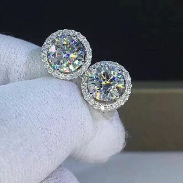 4.20Ct Lab Created Diamond Push Back Halo Stud Earrings 14K White Gold Finish