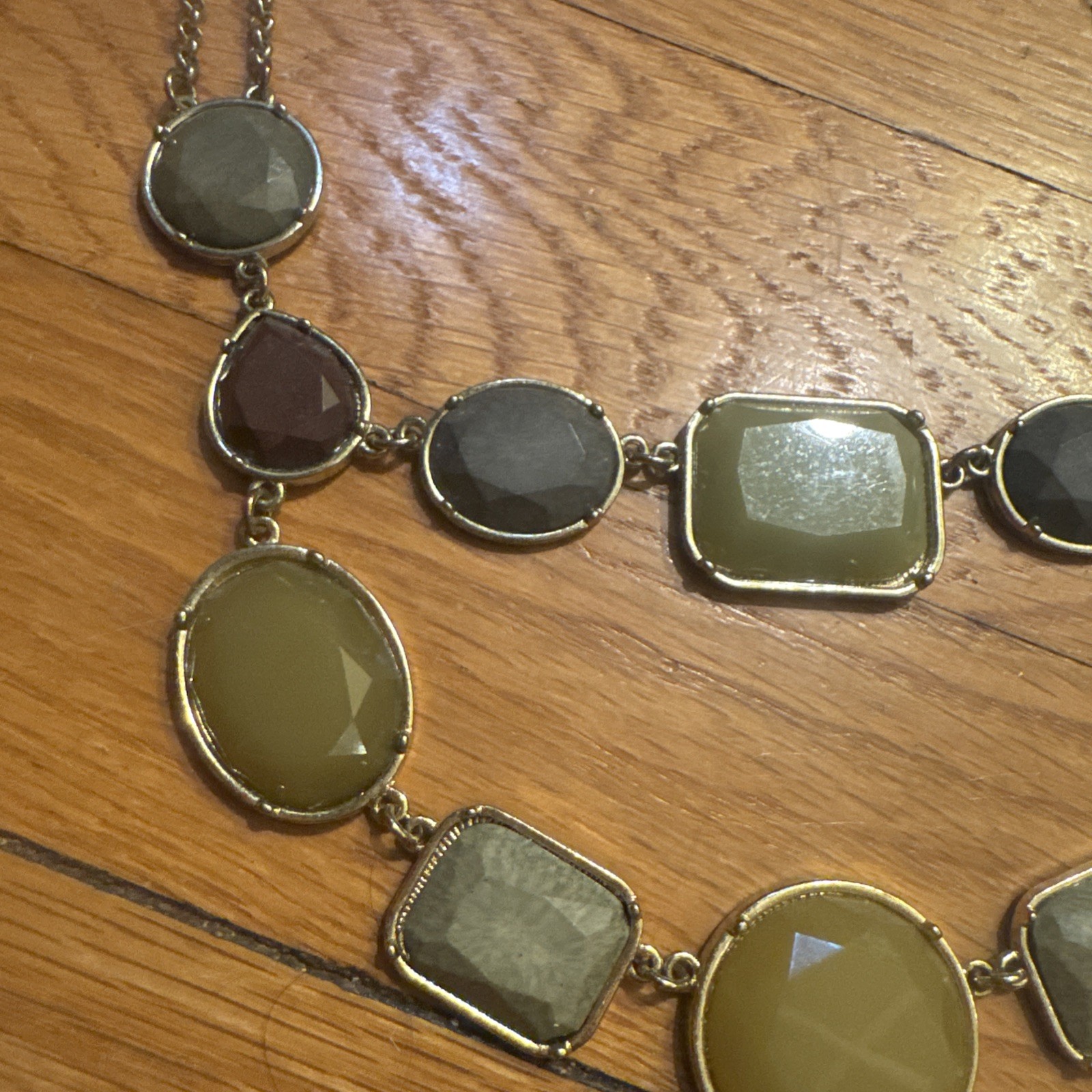 Charming Charlie Bib Statement Necklace 18″+ Muted Jewel Tones Gold, Moss, Plum