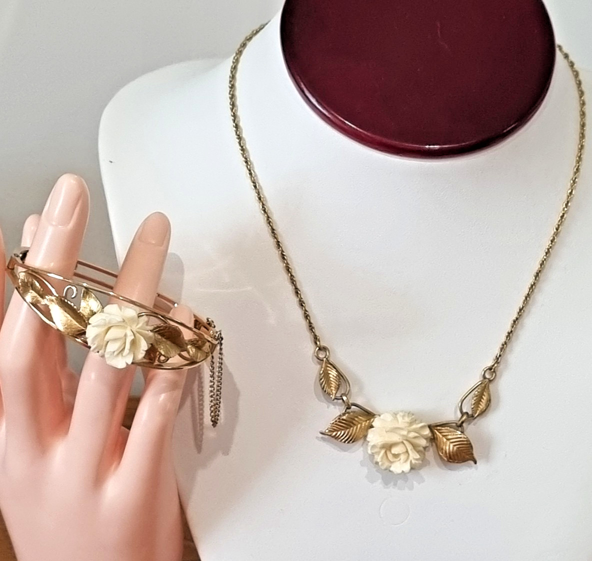 Vintage 12k Gold Fill White Rose Necklace Bracelet Bangle Set See Video USA made