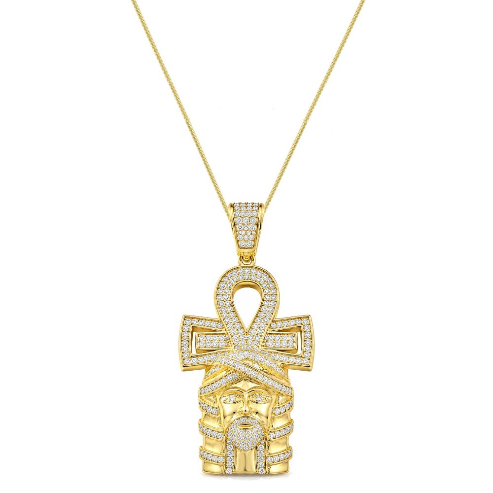 VVS1/D Real Sterling Silver Jesus Face Piece Ankh Cross Pendant Charm Free Chain