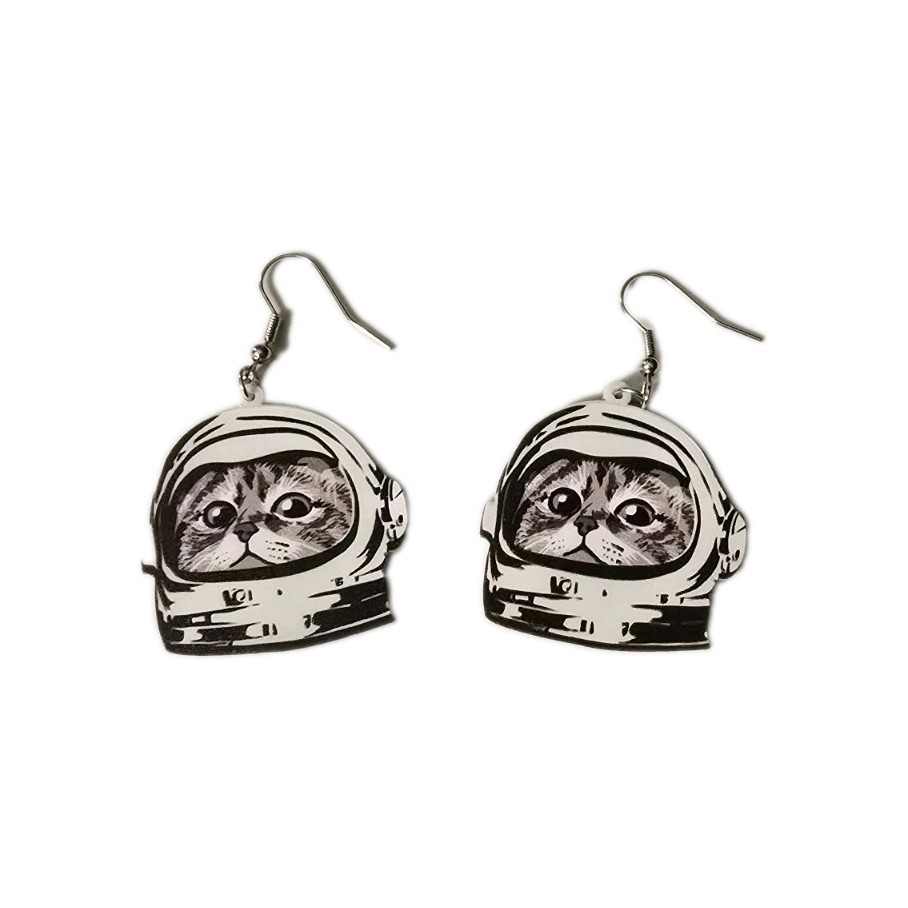 “Catsronaut” Earrings Acrylic Cute Cat In Space Helmet Black White 1.25×1.25″