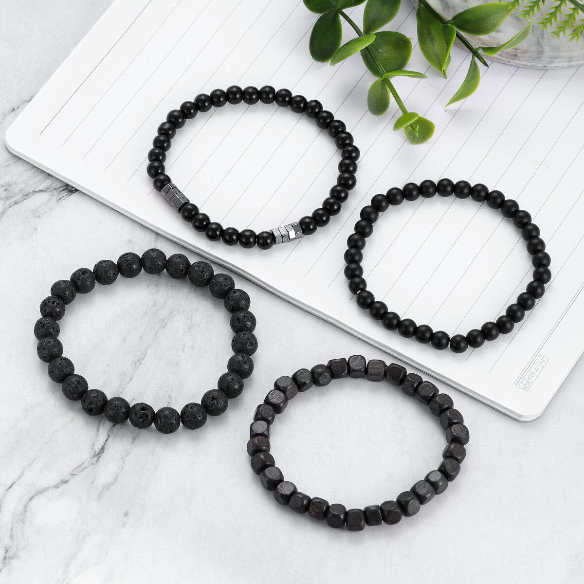 4pcs/Set Casual Style Black Lava Bead Bracelets For Daily Wear Women Men Gift US