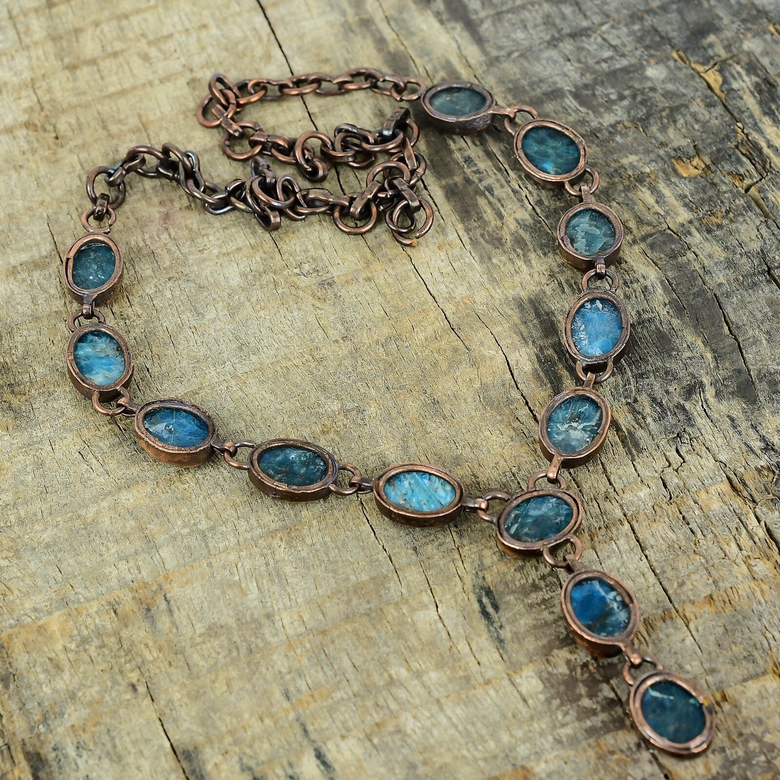 Copper Oval Neon Apatite Gemstone Chain Electroformed Artisan Necklace Jewelry
