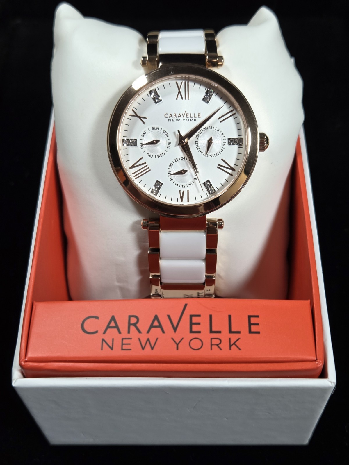 Caravelle New York 44N108 White Dial, Rose Gold Case, White/Rose Gold Band