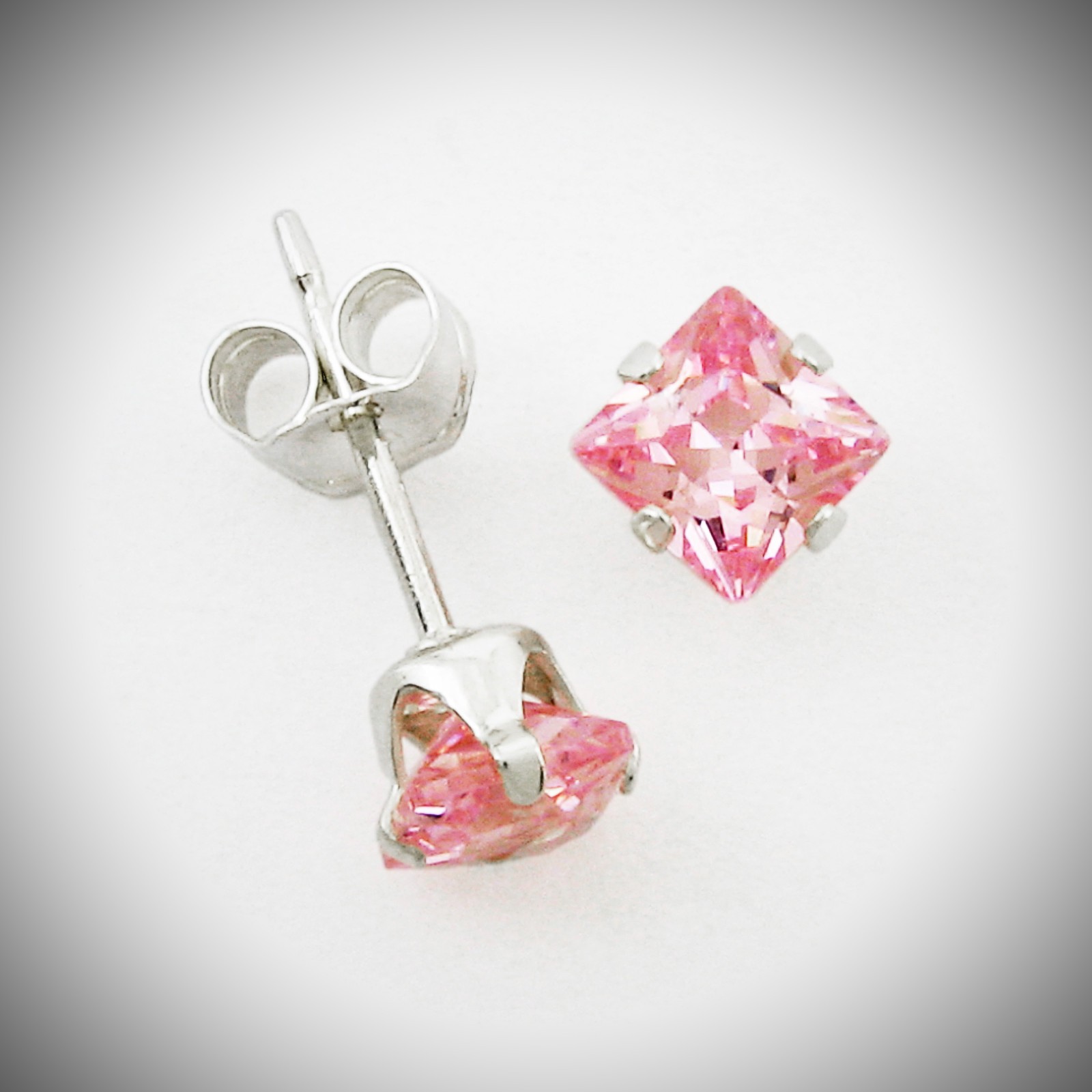 4mm Square PINK Post Earrings – SOLID 925 Sterling Silver Settings