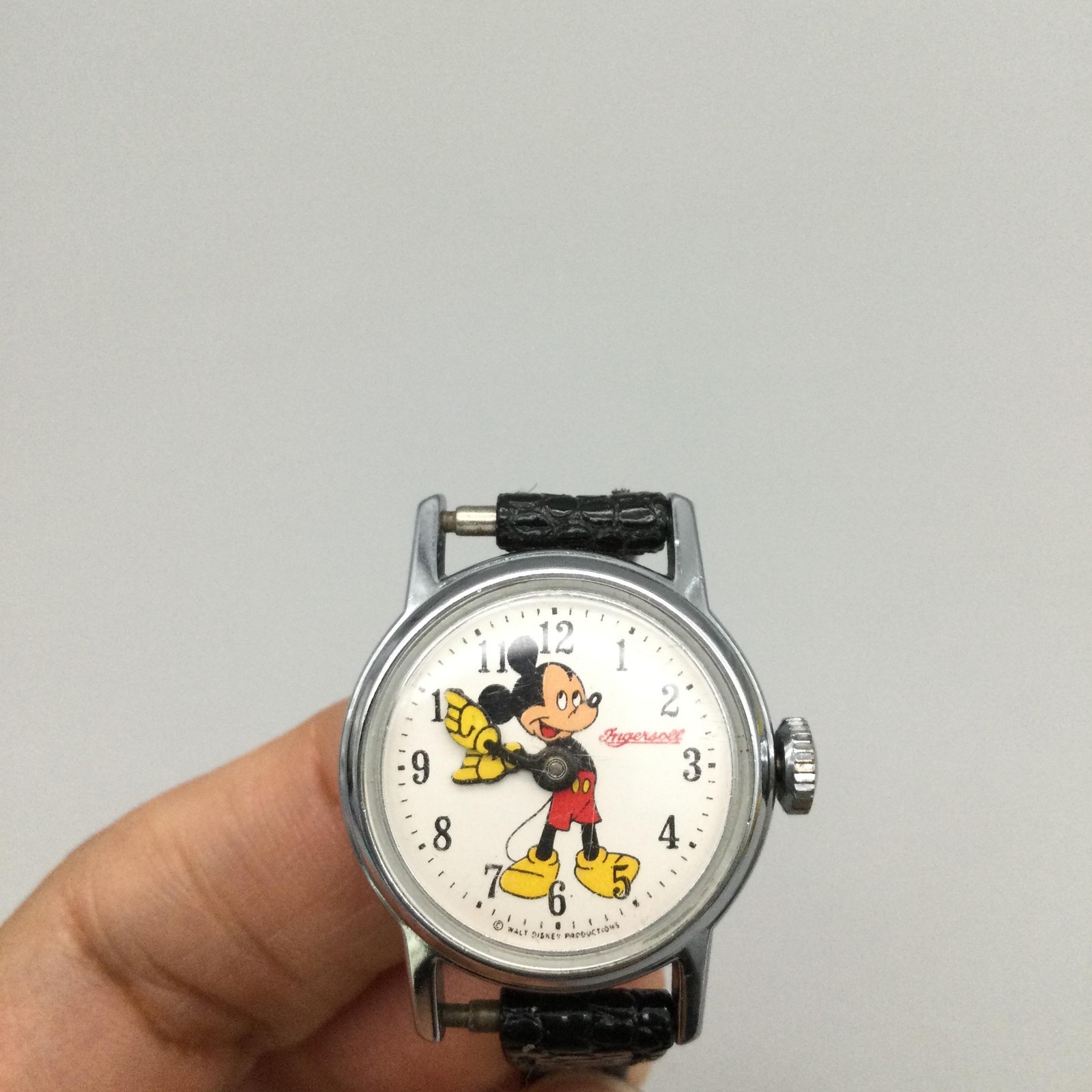 Vintage Ingersoll Disney Boys Watch 24mm Mickey Mouse Manual Wind Black Strap