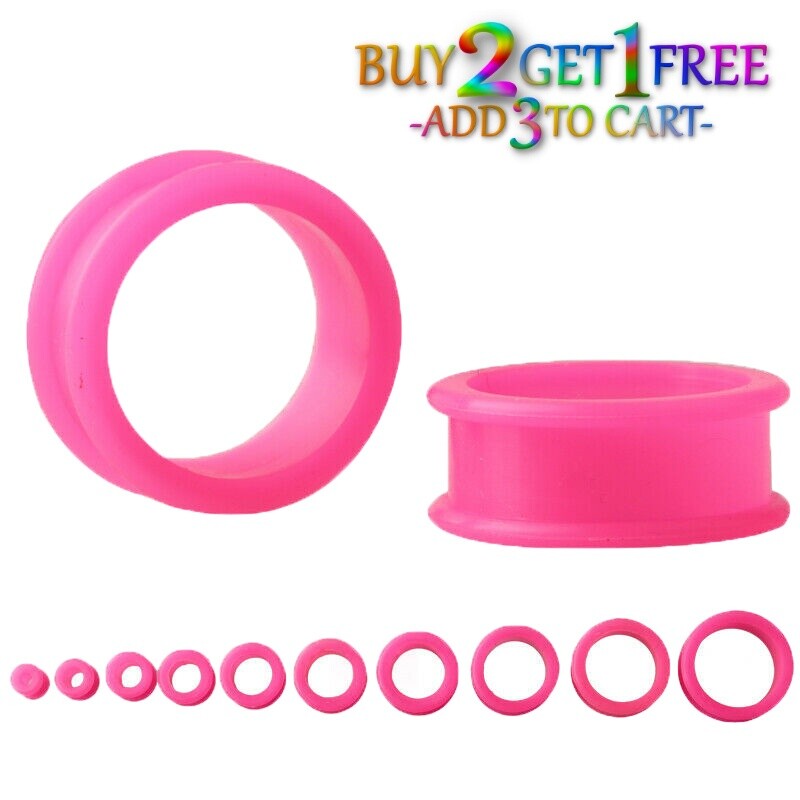 Pair 12g-50mm PINK SILICONE FLAT FLARE TUNNELS Double Gauges Thin Flesh 1012