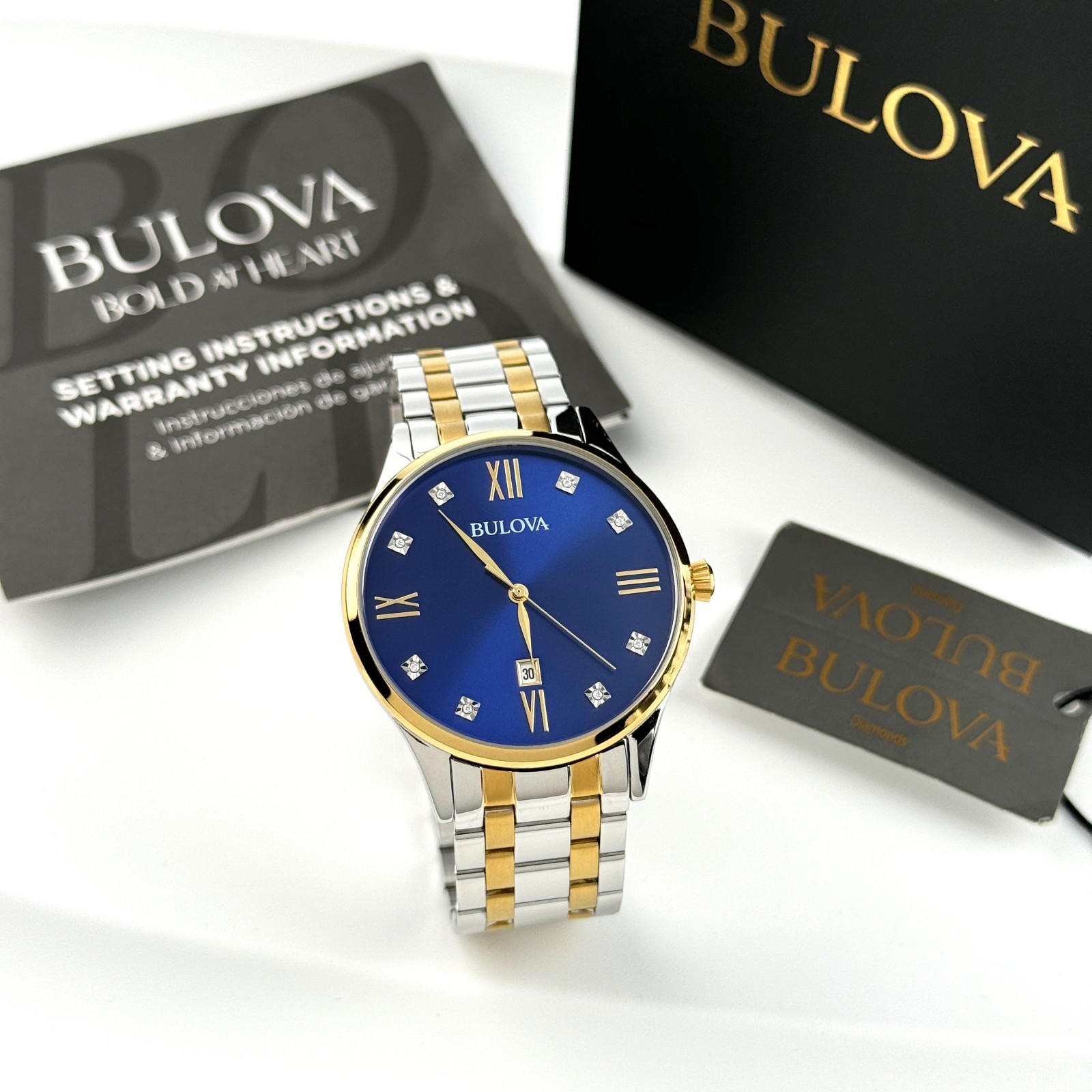 Bulova 98D130 Classic Diamond Quartz Stainless Steel Men’s Watch Blue Dial 40mm