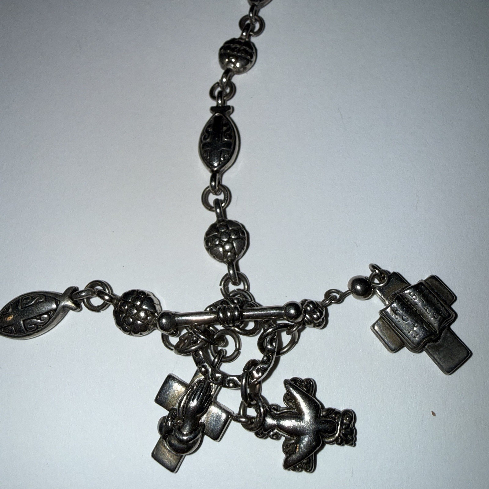 Silver Tone Toggle Link Chain Necklace | Religious Cross & Dove Charm Dangles