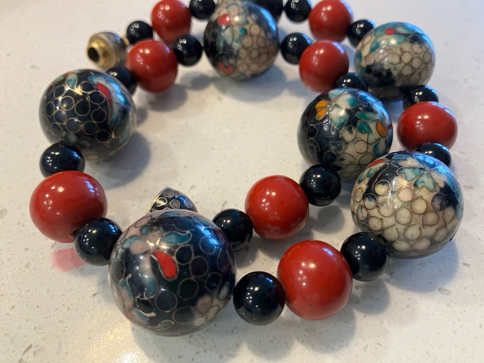 Vintage Huge Chinese Cinnabar Cloisonne Bead Necklace