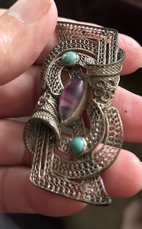 Antique Chinese Export Silver Filigree Amethyst Turquoise Floral Brooch Unusual