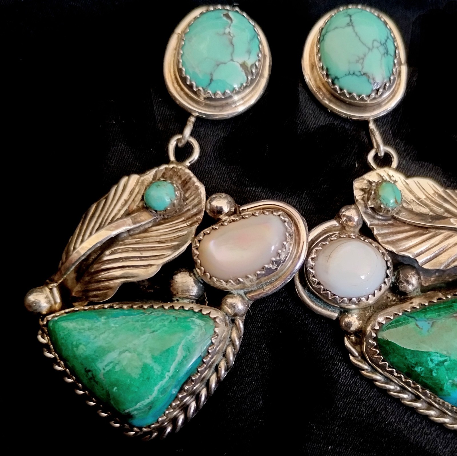 NAVAJO TURQUOISE DANGLING EARRINGS 2.5″ Long /Sumptuous Rich Unique/Touch Of MOP
