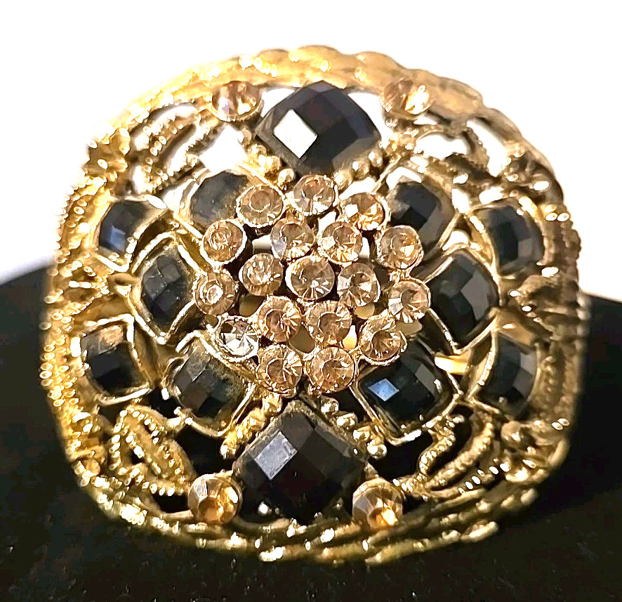 Hinged Bangle Fashion Bling Bracelet with Filgree and Black Rhinestones