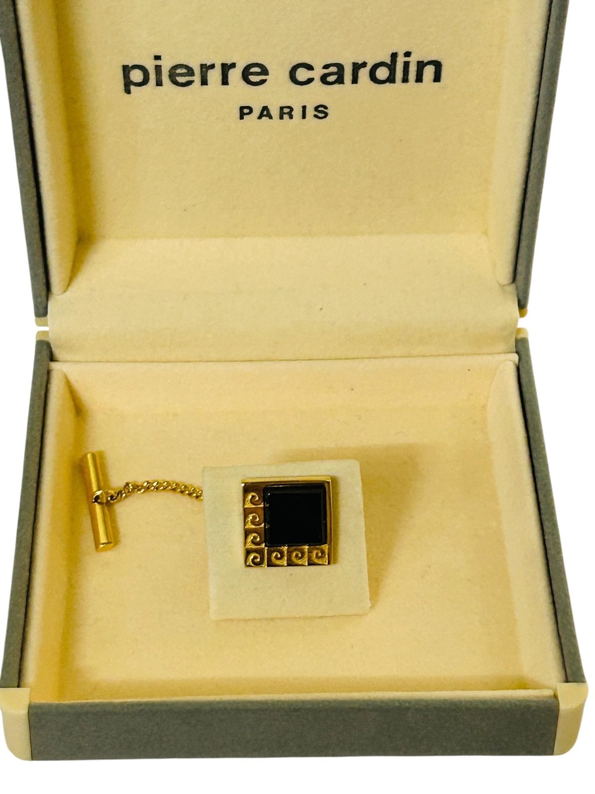 Vintage Pierre Cardin Tie Pin P Logo Square Black Onyx in Box