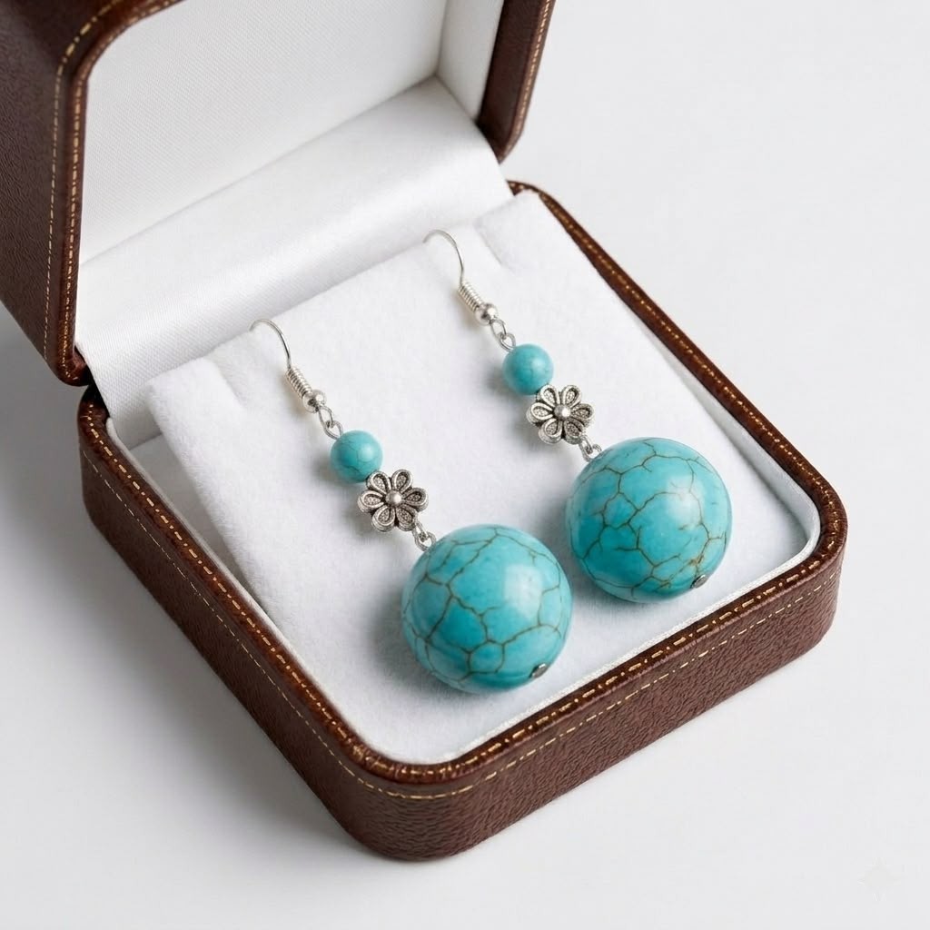 Women’s turquoise ball shaped earrings stainless steel hook synthetic stone Boho