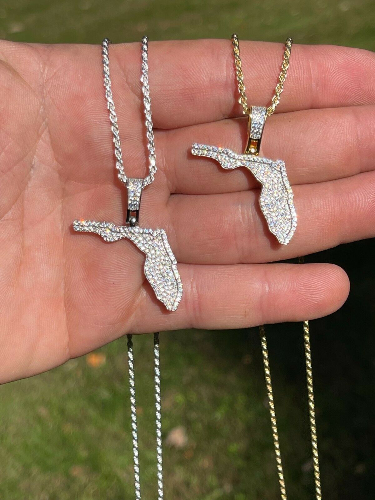 925 Silver 14k Gold Plating Hip Hop Florida State Shape Pendant Iced CZ Necklace