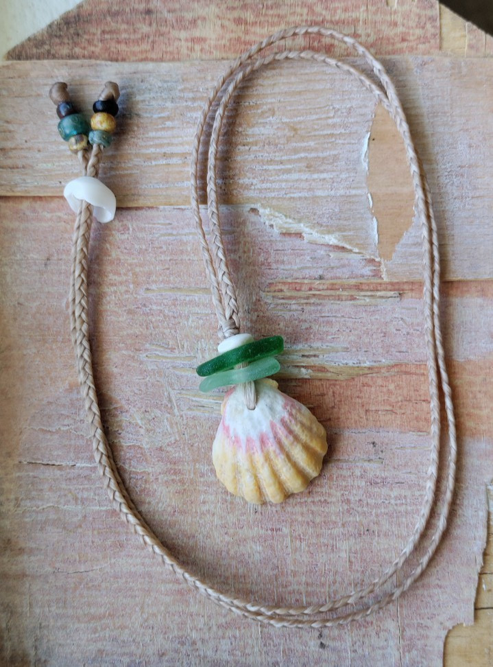 Sunrise Shell & Sea Glass Necklace Braid Beach Aloha Gift Puka Pecten Langfordi