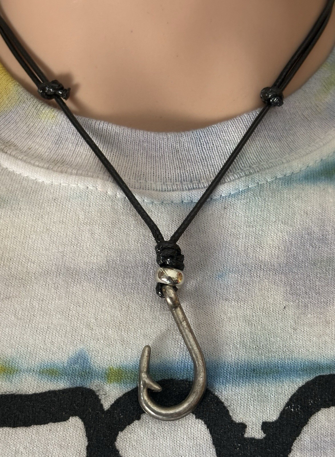 Fish Hook Charm Pendant Black Cord Necklace Nautical Theme Adjustable No Clasp
