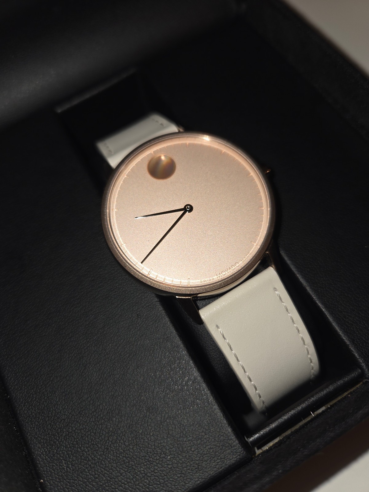 Movado Face | 41mm Rose Gold Stainless Steel Case, Ivory Dial, Leather strap