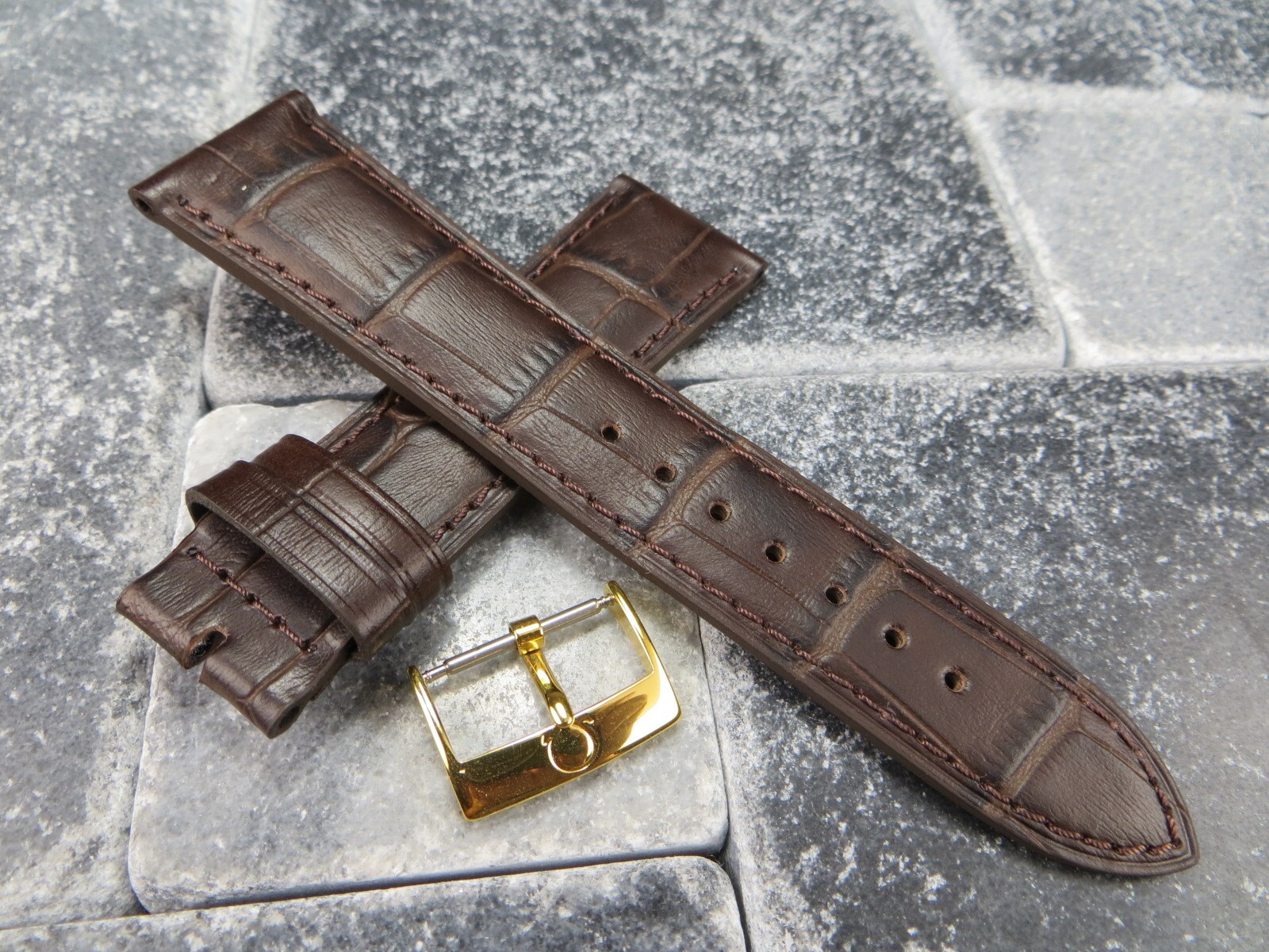 New 18mm Leather Strap Brown Watch Band with OEM OMEGA Gold Plate Buckle Set Z
