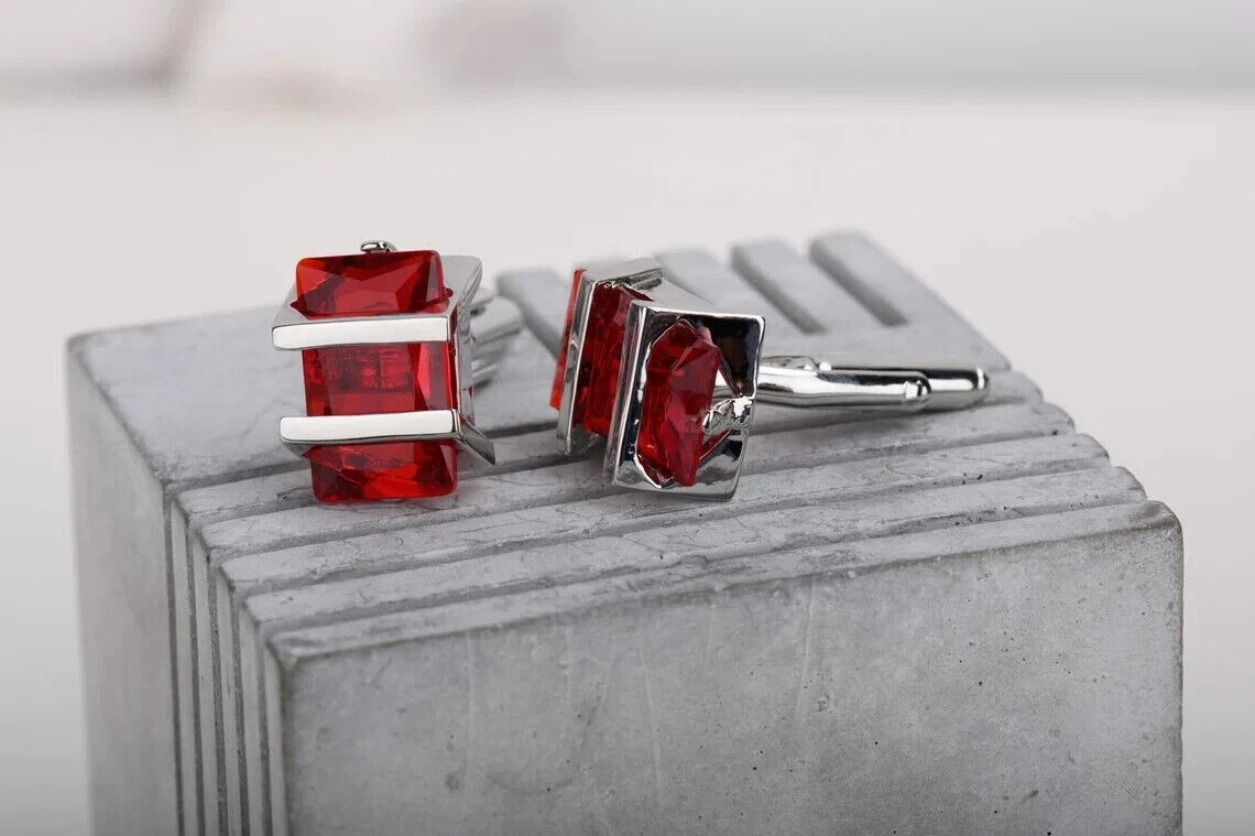 3Ct Emerald Cut Lab-Created Red Ruby Men’s Formal Cufflink 14K White Gold Finish